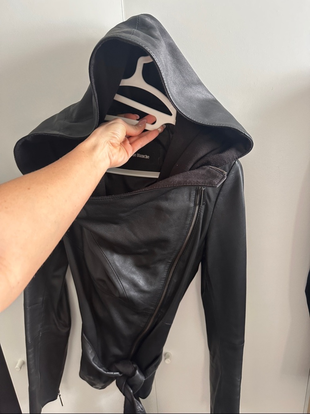 Black Leather Hooded Asymmetric Zip Jacket by